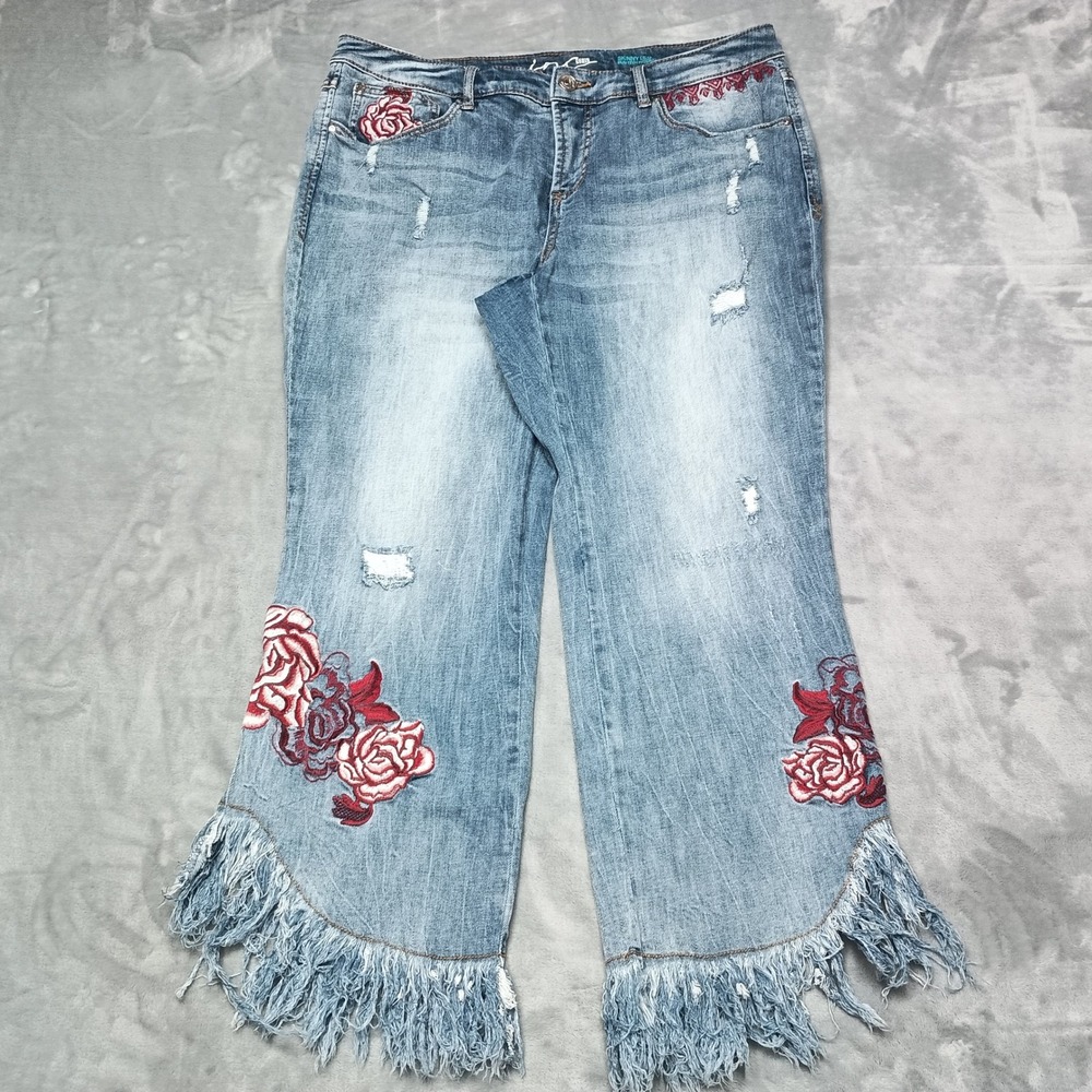 INC Jeans Womens 16W Blue Slim Tech Fit Crop Rose Embroidered Fringed Boho Denim